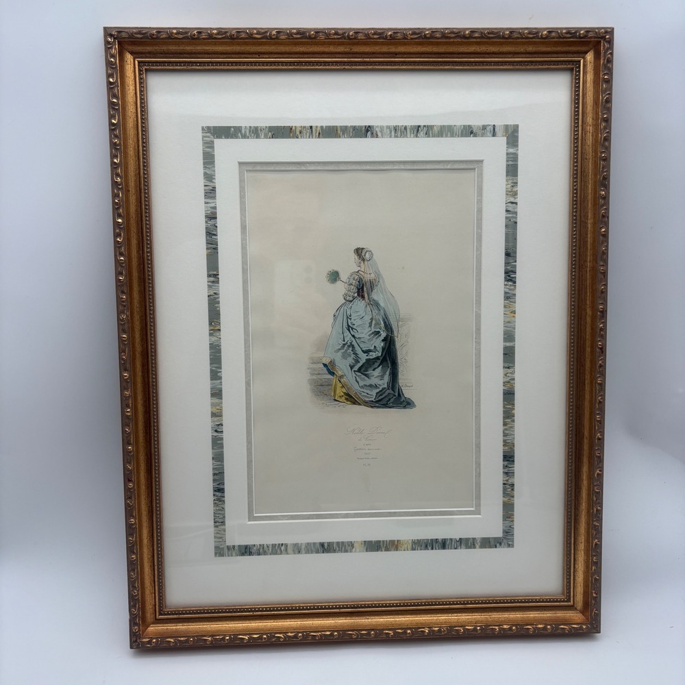 Antique H Pauquet Hand Colored Engraving Noble Dame de Venise Framed Art